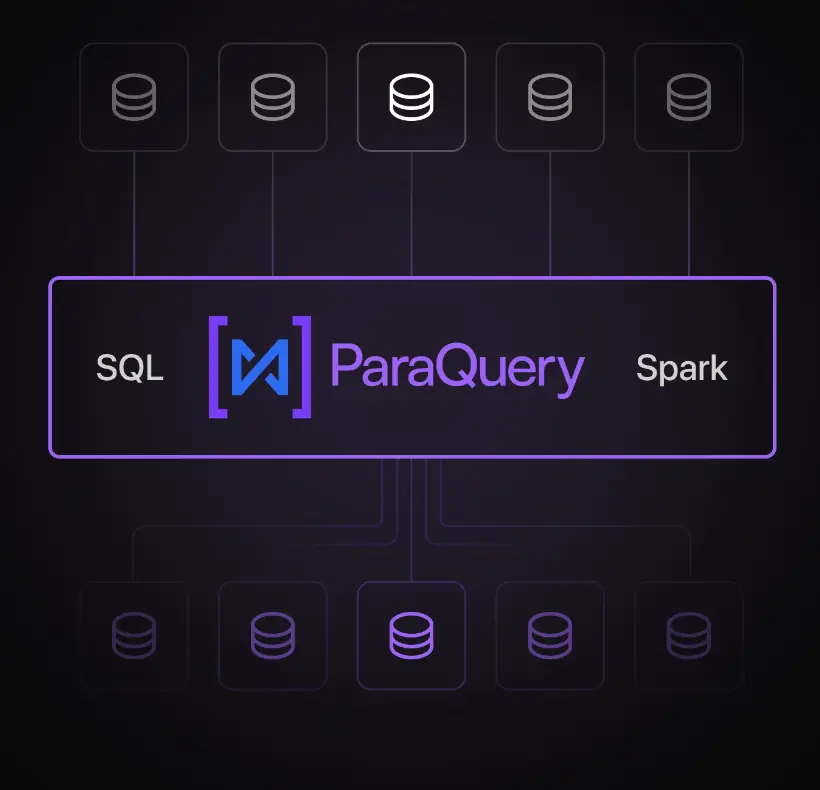 Five data sources flowing through a SQL and Spark pipeline into five destinations, with ParaQuery at the center